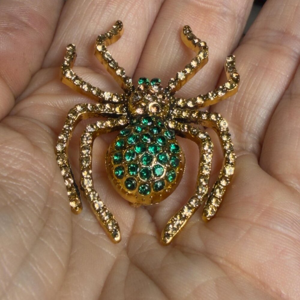 Spider Brooch Green Rhinestone Gold Tone Insect Pin 2” - Picture 4 of 8